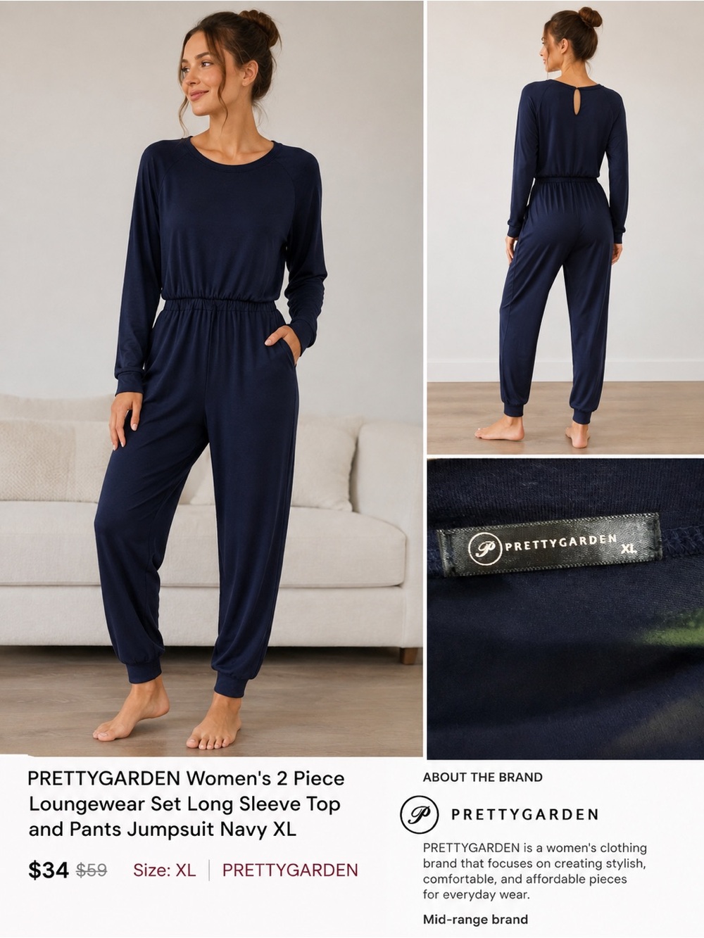 PRETTYGARDEN Navy Long Sleeve Jumpsuit - Comfortable Lounge Jumpsuit

65